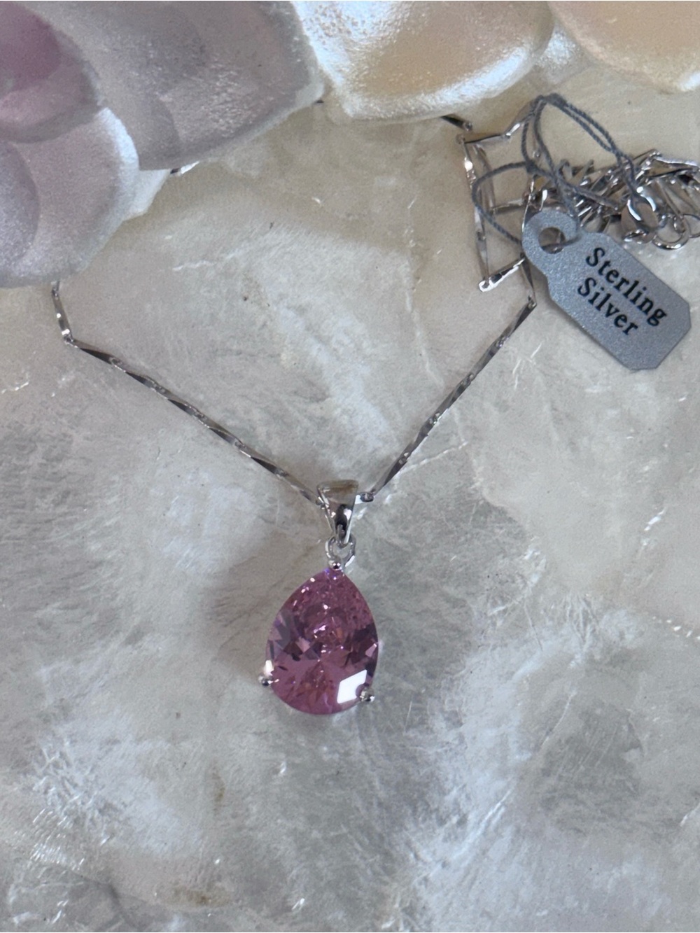 Faux pink sapphire 925 sterling silver 17 1/2” necklace NEW